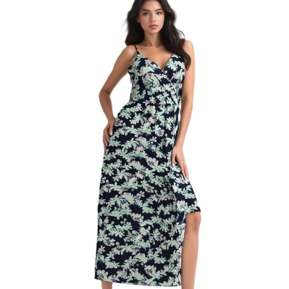 Banana Republic Faux Wrap Maxi Dress – Floral Print – Size 4P – Navy & Mint - Picture 1 of 11
